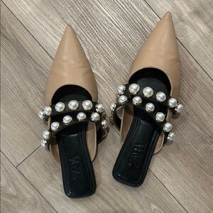 Zara Tan and Black Pearl Embellished Mules